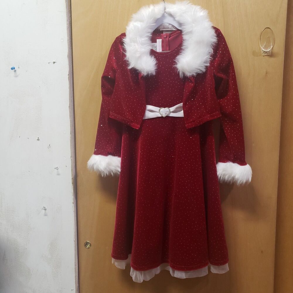 NWT Bonnie Jean Girls Christmas Red Velvet Dress Matching Jacket Sz 6 #C1